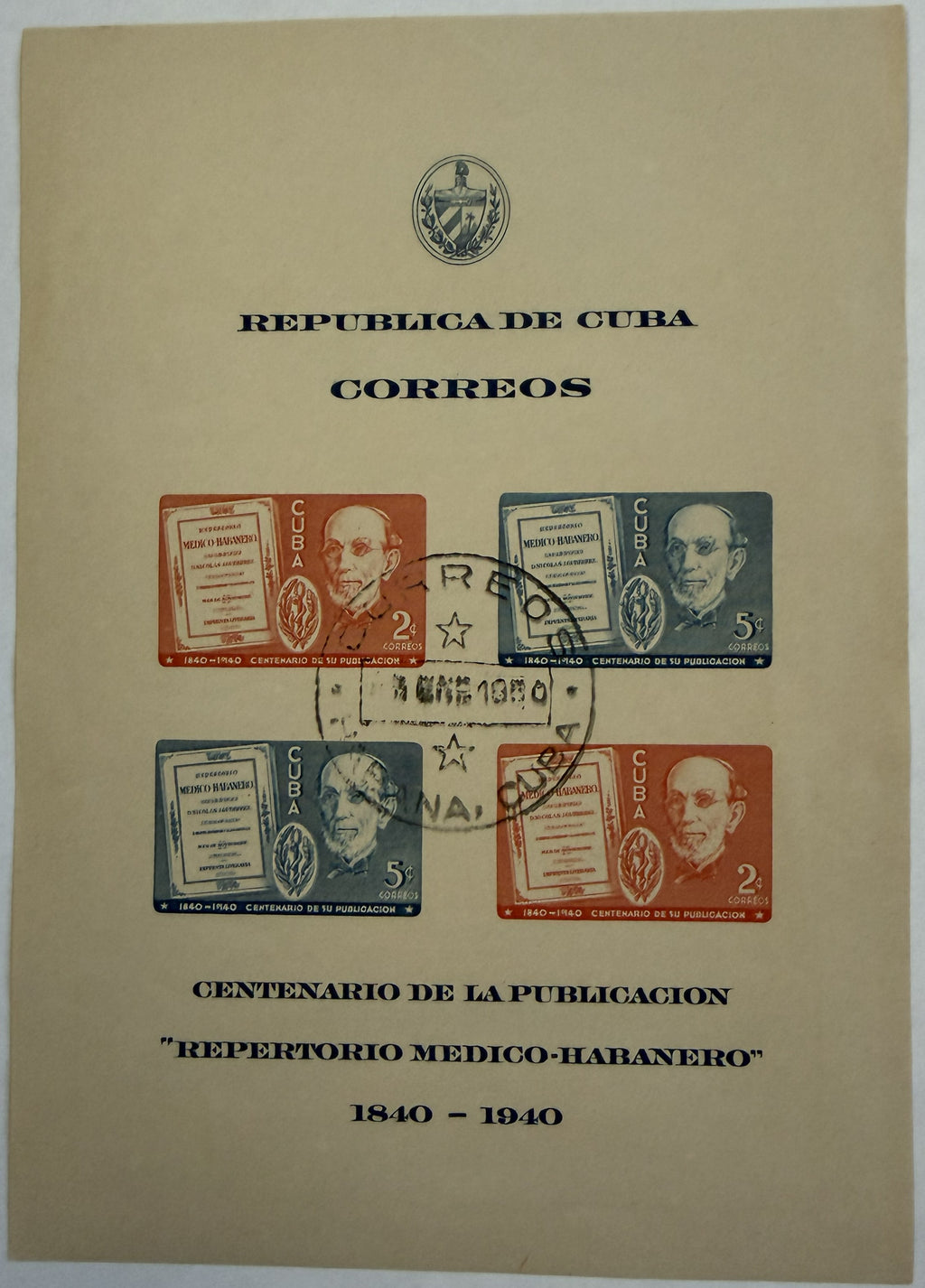 1940 Cuba First Souvenir Sheet Scott 365a – First Day Cancel Oct 28 – Repertorio Médico-Habanero