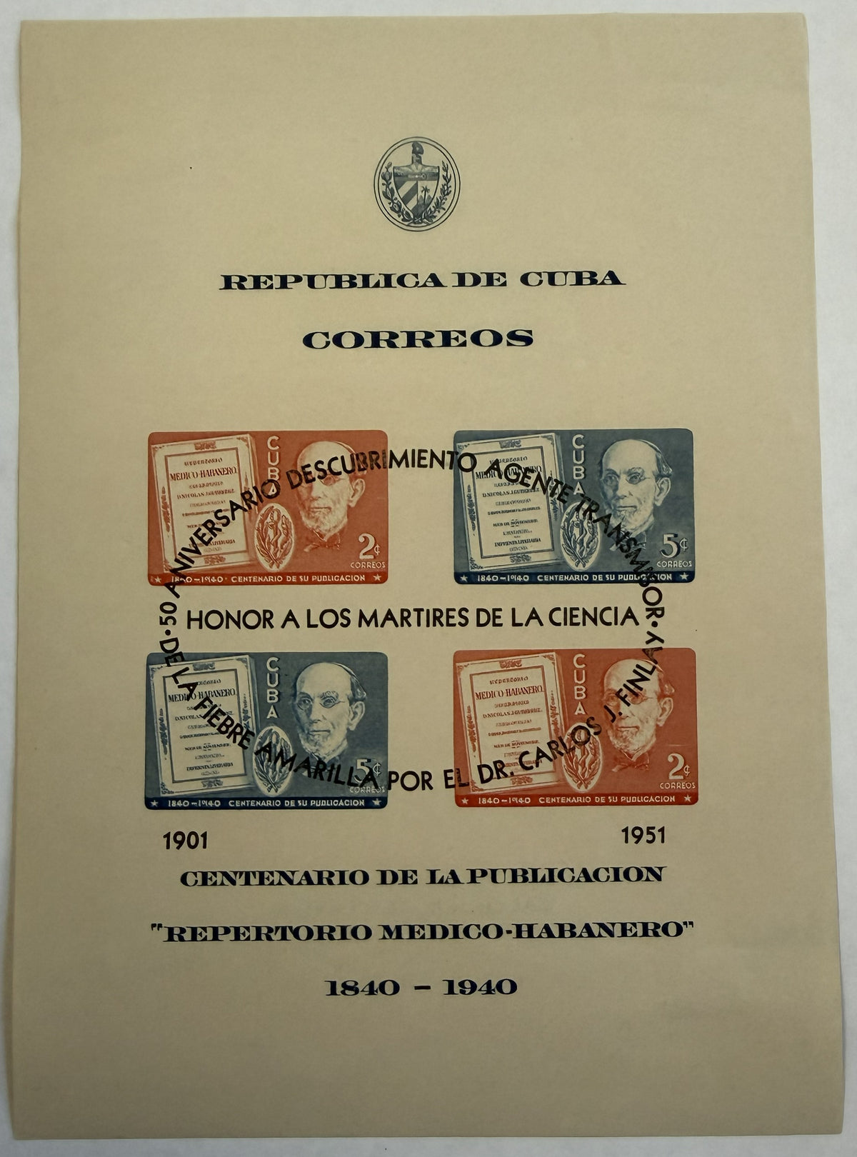 1951 Cuba Repertorio Médico-Habanero Souvenir Sheet – Carlos J. Finlay Martyrs of Science Black Overprint