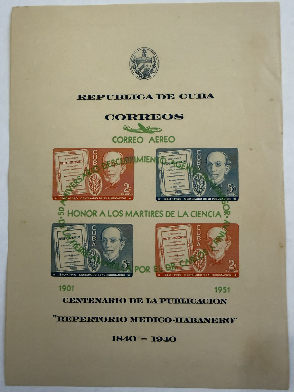 1951 Cuba Hoja Bloque de Correo Aéreo – Carlos J. Finlay – Sobreimpresión Verde – Repertorio Médico-Habanero