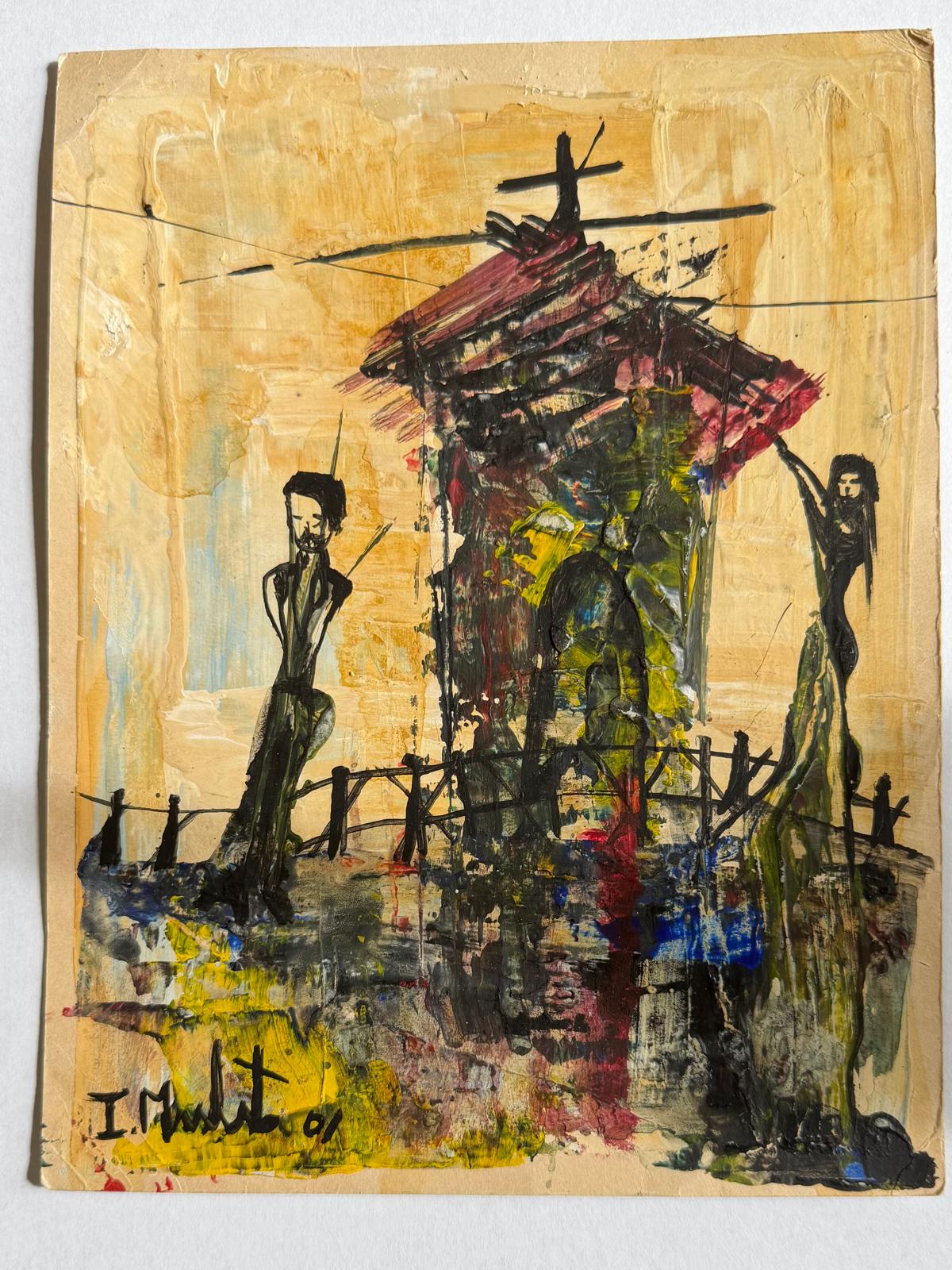 Original small Ileana Mulet painting, 2001 over card/paper, mixed media.