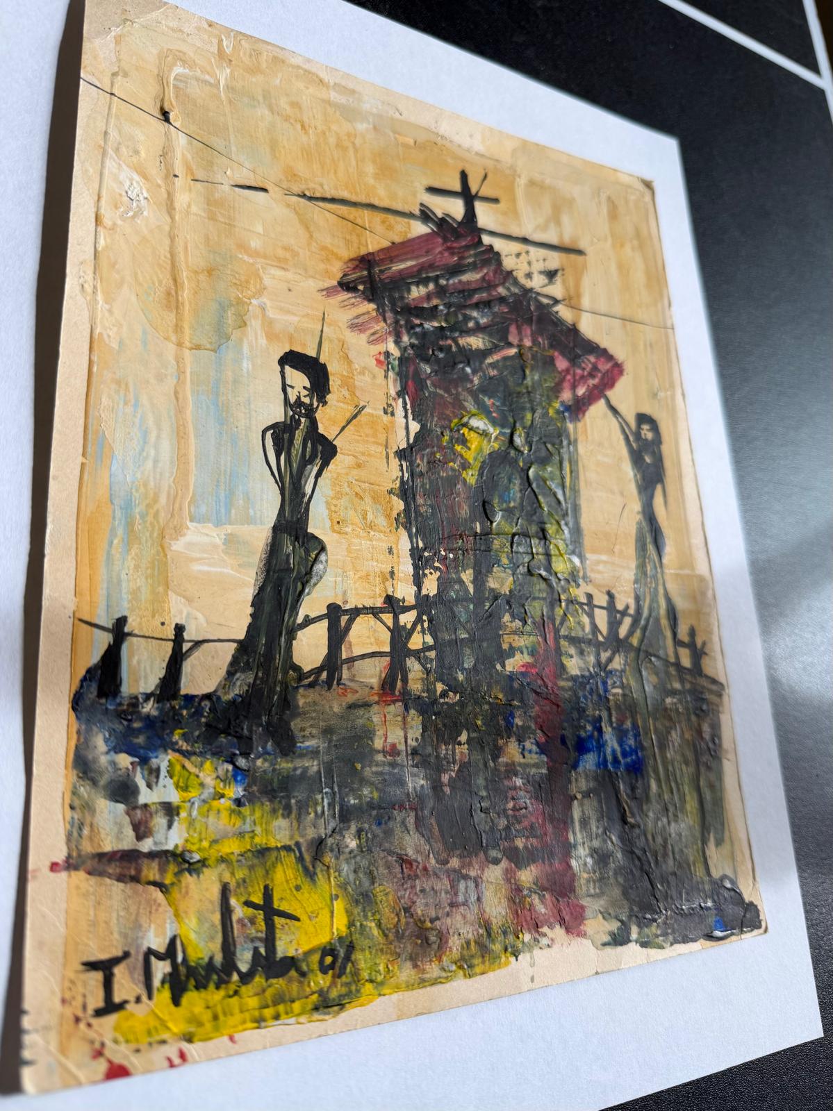 Original small Ileana Mulet painting, 2001 over card/paper, mixed media.