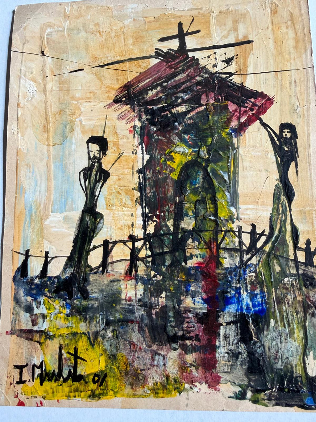 Original small Ileana Mulet painting, 2001 over card/paper, mixed media.