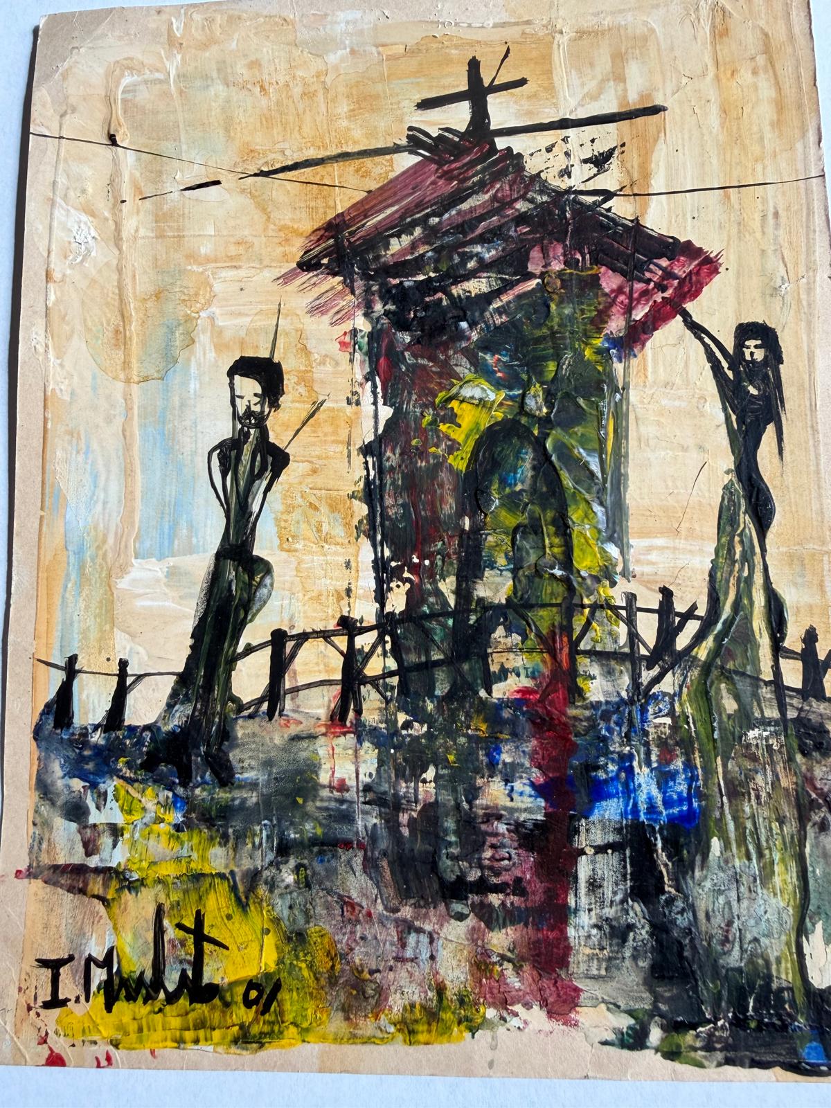 Original small Ileana Mulet painting, 2001 over card/paper, mixed media.