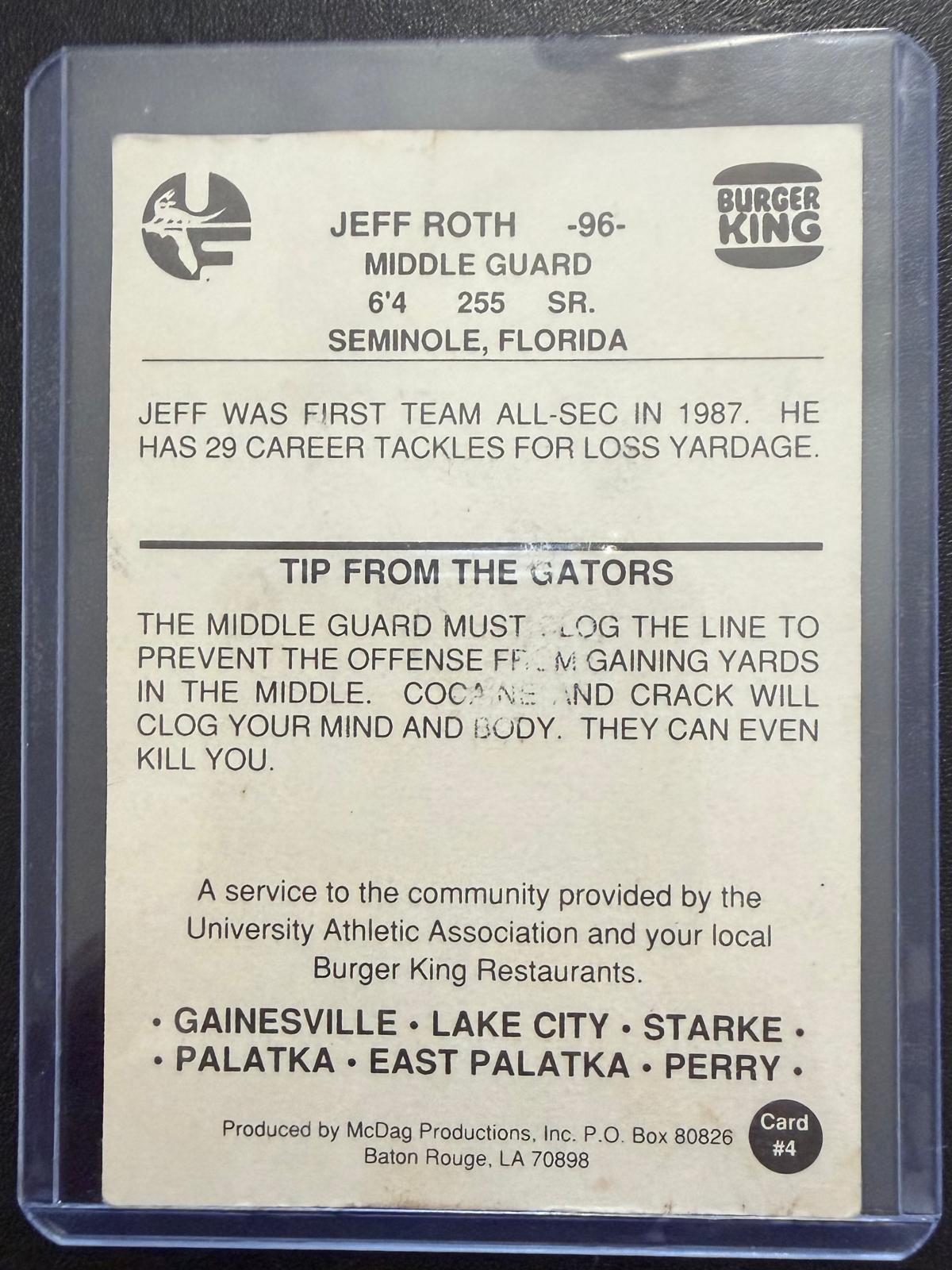 Tarjeta de fútbol americano universitario vintage de 1988 Burger King Florida Gators Jeff Roth #4