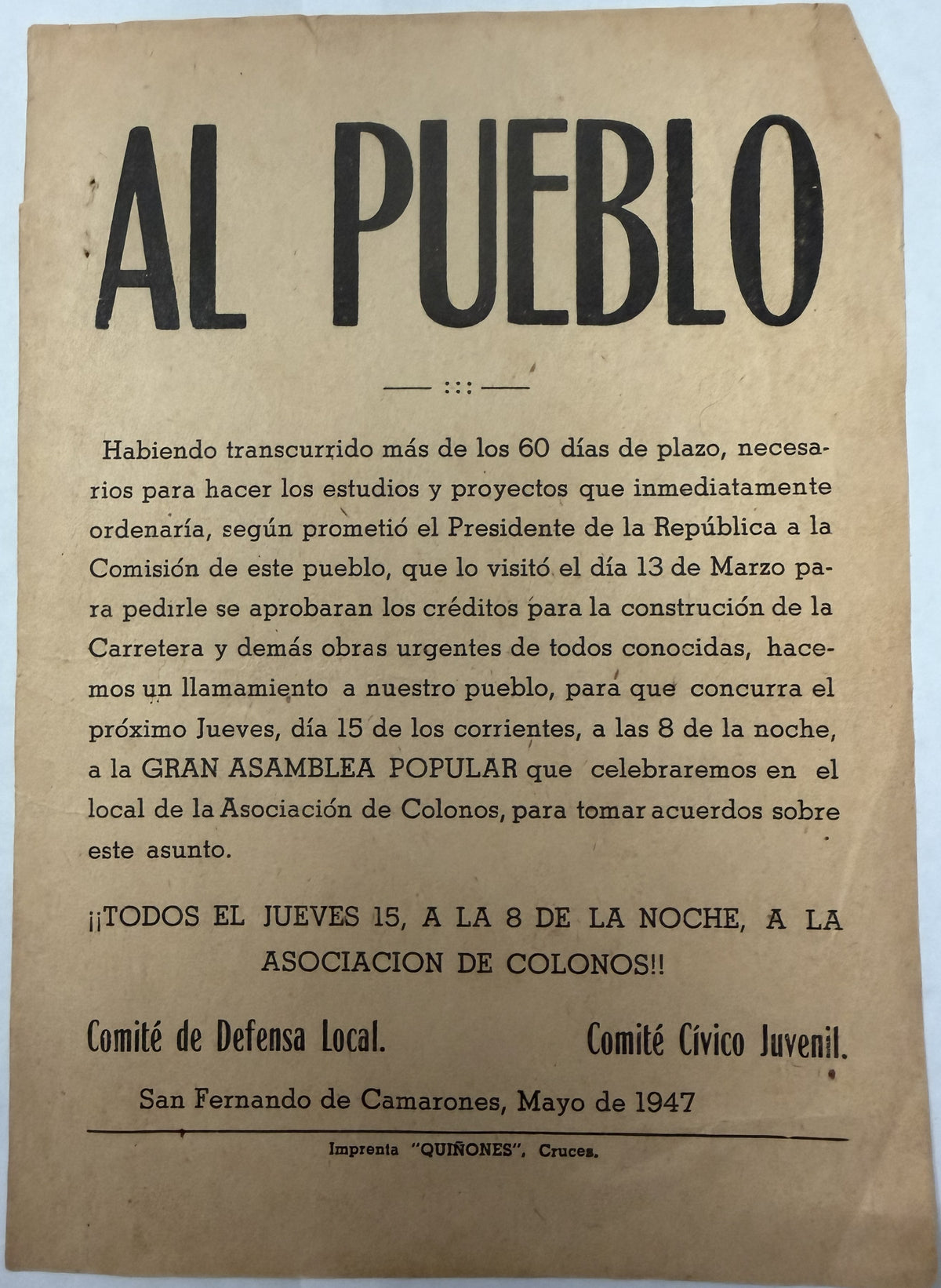 1947 Cuba “Al Pueblo” San Fernando de Camarones Civic Protest Broadside