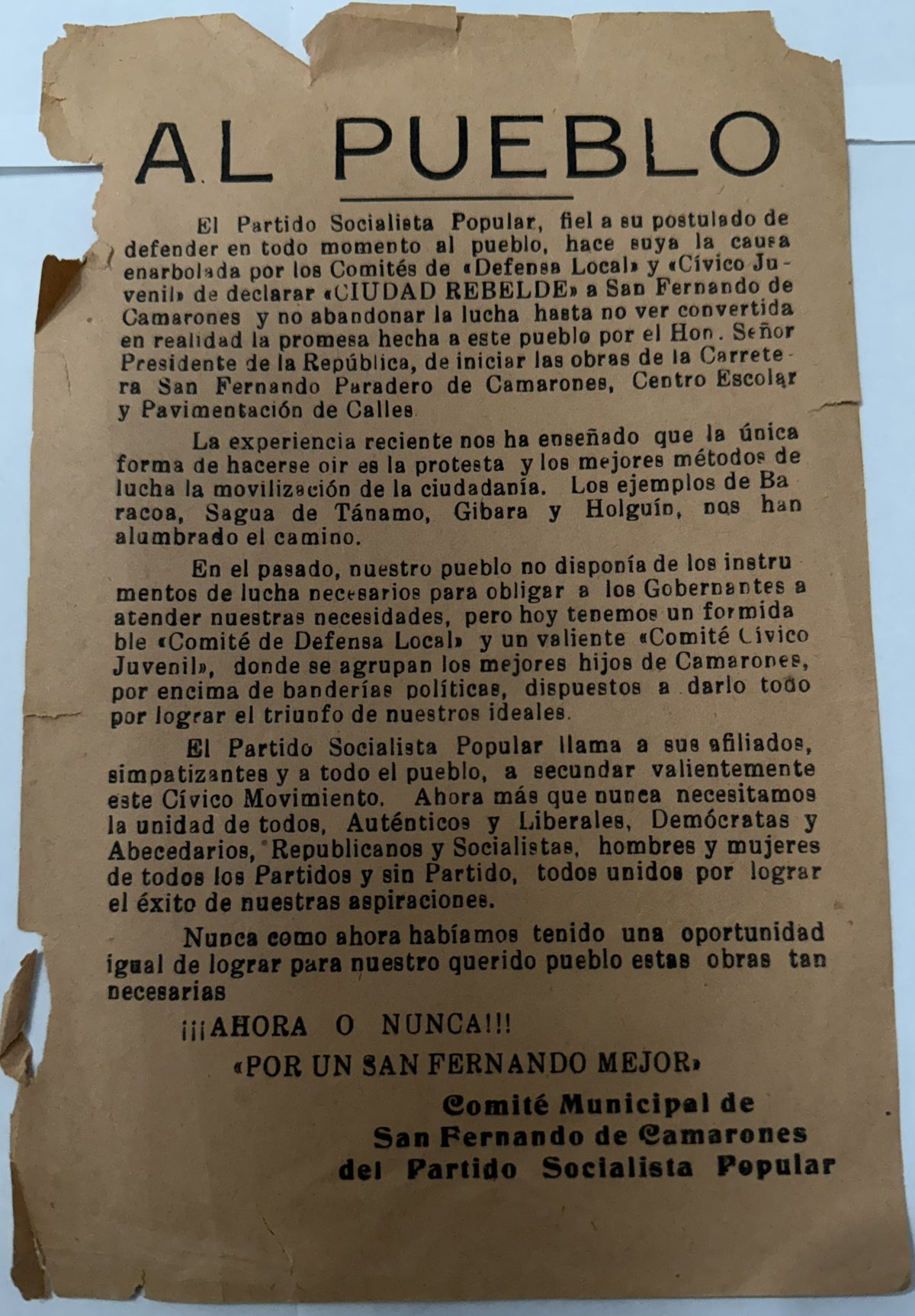 Pre-1959 Cuba Partido Socialista Popular Political Flyer – San Fernando de Camarones