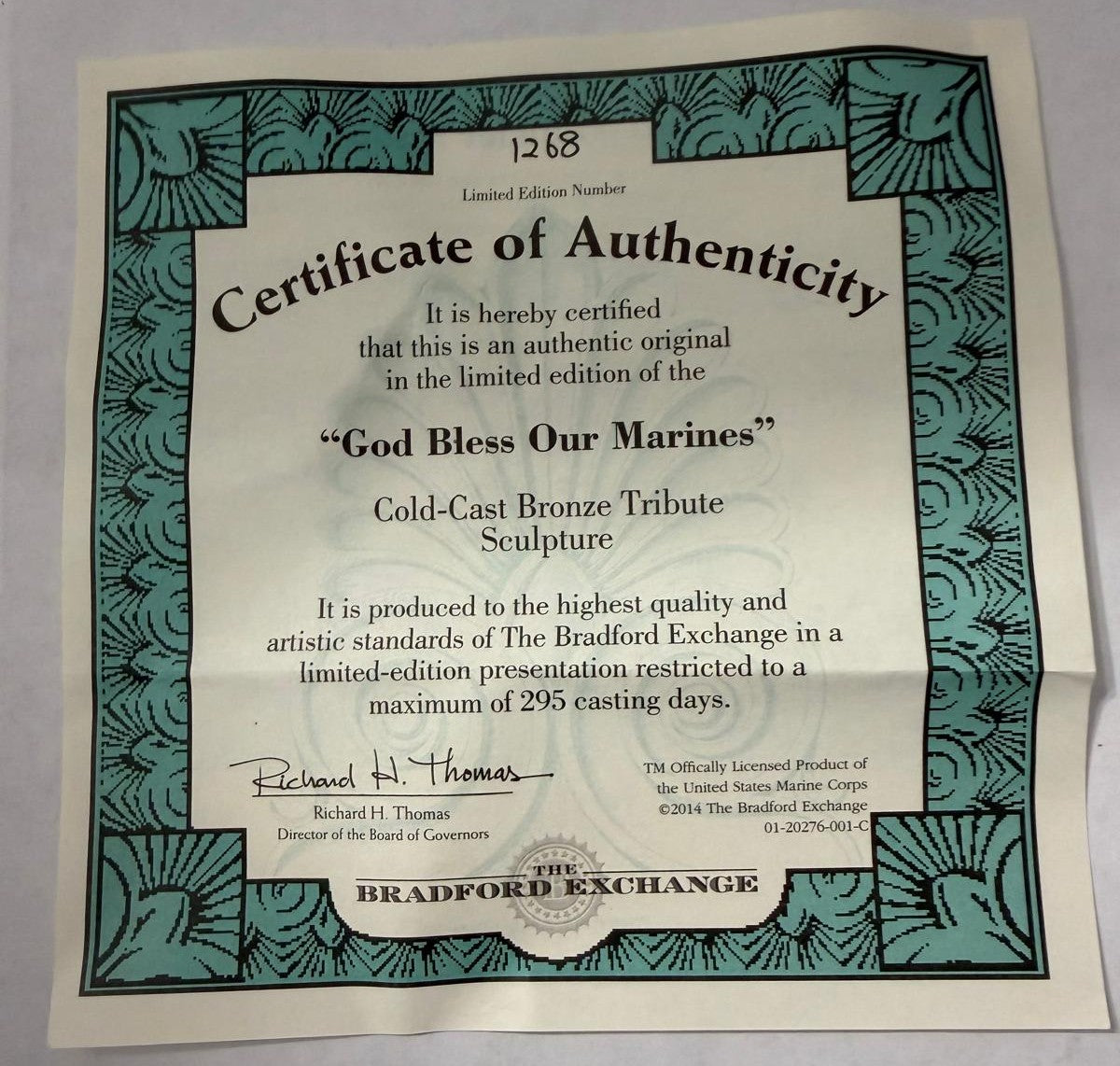 Bradford Exchange God Bless Our Marines Cold-Cast Bronze Sculpture #1268 – Box & COA