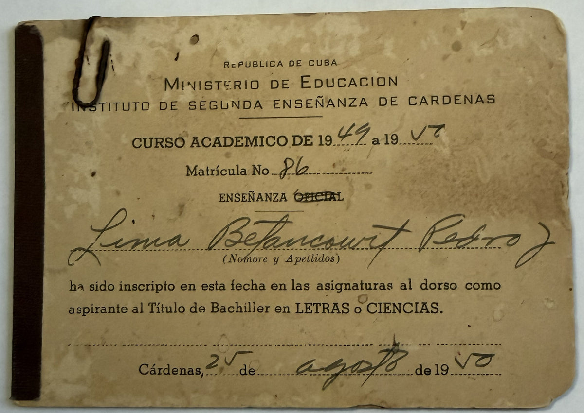 1950 Cuba Student ID & Enrollment Card – Instituto de Segunda Enseñanza Cárdenas