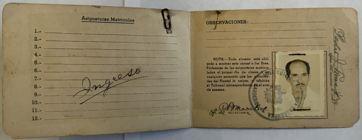 1950 Cuba Student ID & Enrollment Card – Instituto de Segunda Enseñanza Cárdenas