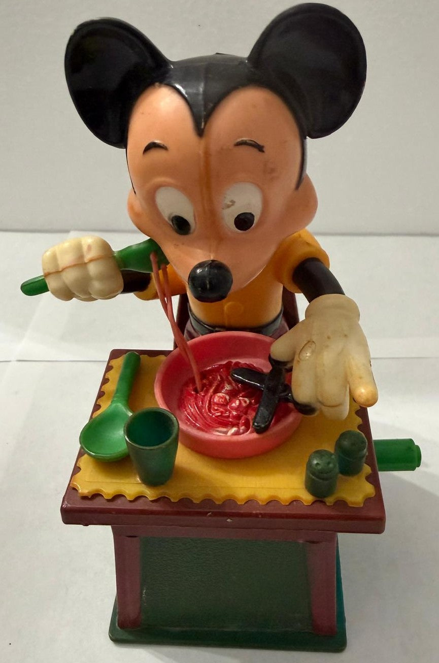 Vintage 1960s Disney Mickey Mouse Eating Spaghetti Mechanical Crank Toy – Working