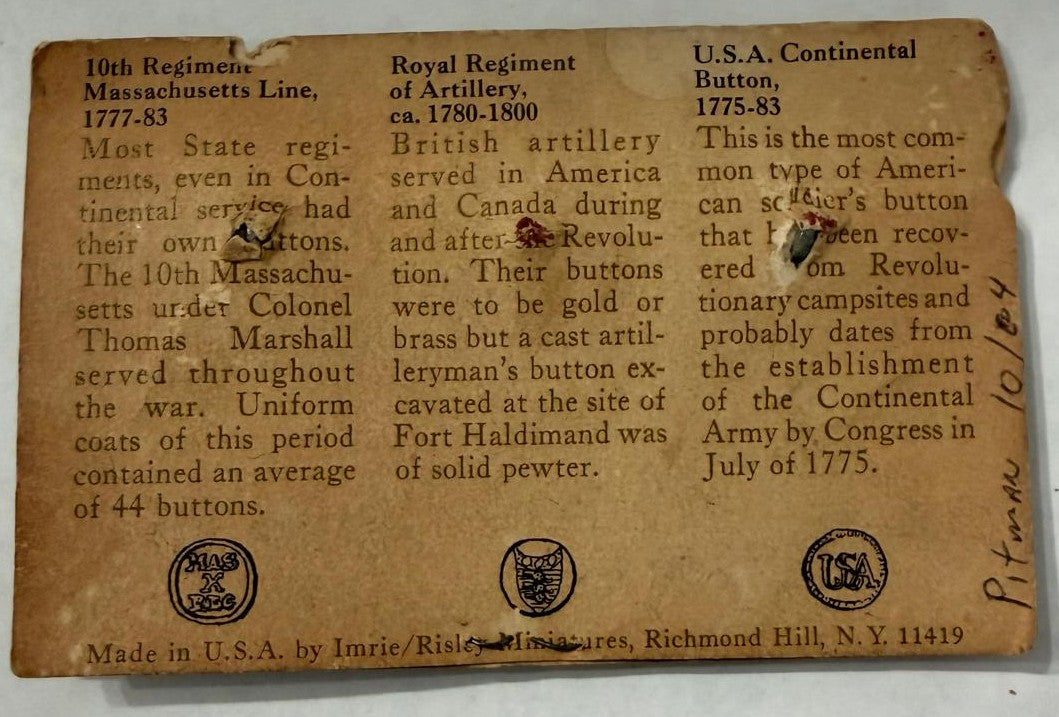 Vintage Imrie/Risley 18th Century Military Button Recasts – Revolutionary War Display