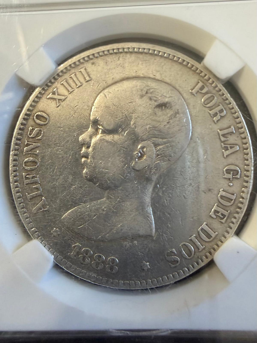 1888 Spain Alfonso XIII 5 Pesetas Silver Coin – “Pelón” – Antique Spanish Crown
