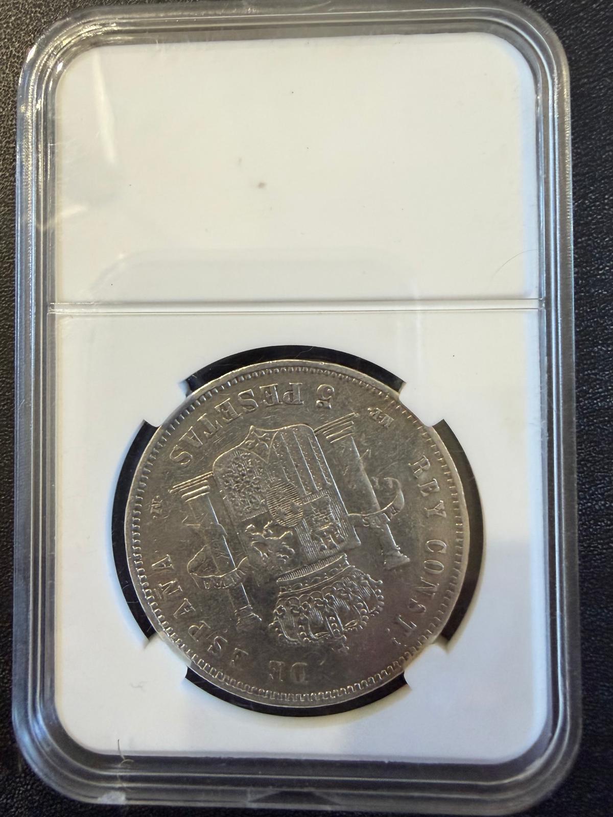 1888 Spain Alfonso XIII 5 Pesetas Silver Coin – “Pelón” – Antique Spanish Crown
