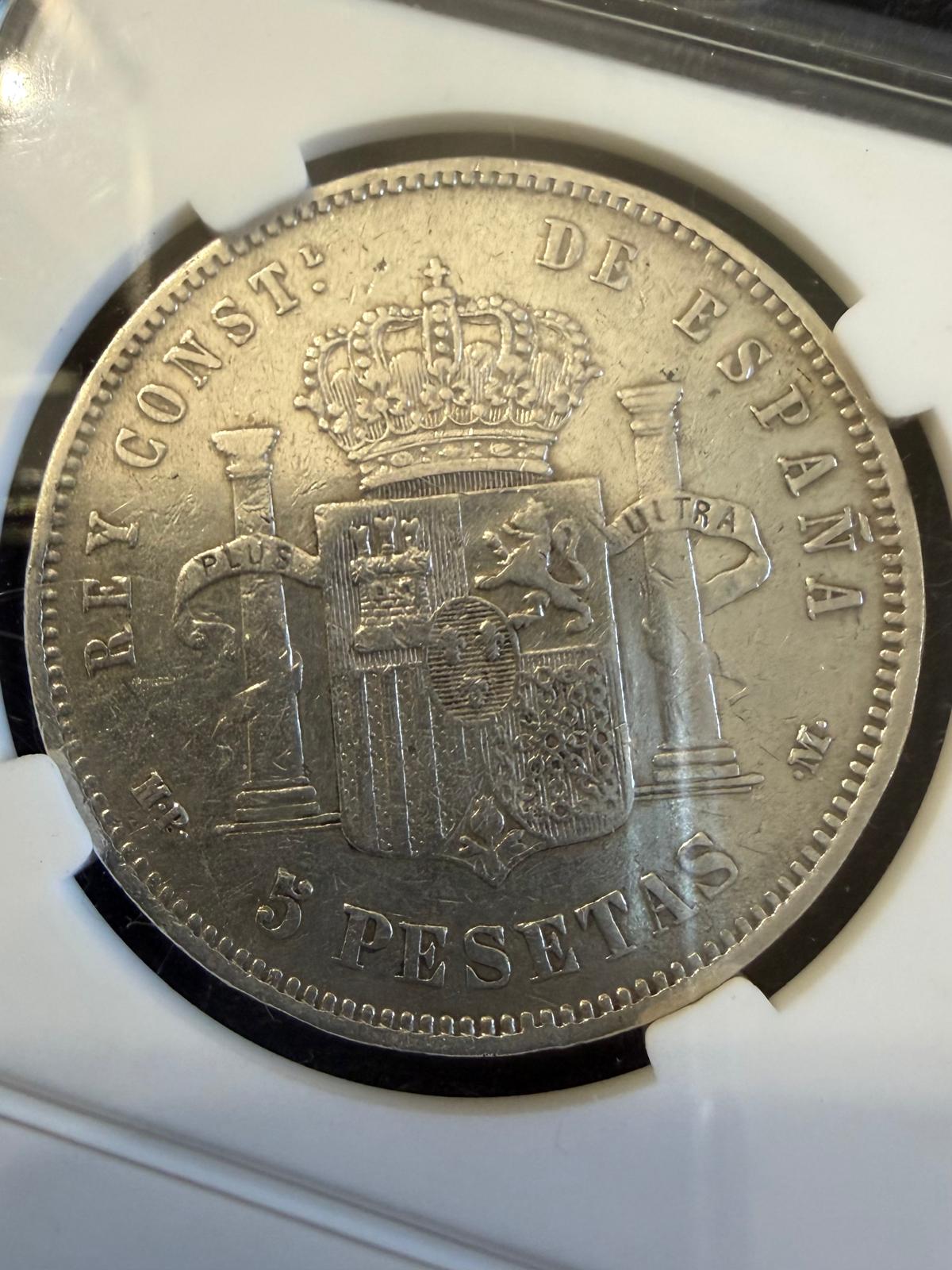 1888 Spain Alfonso XIII 5 Pesetas Silver Coin – “Pelón” – Antique Spanish Crown