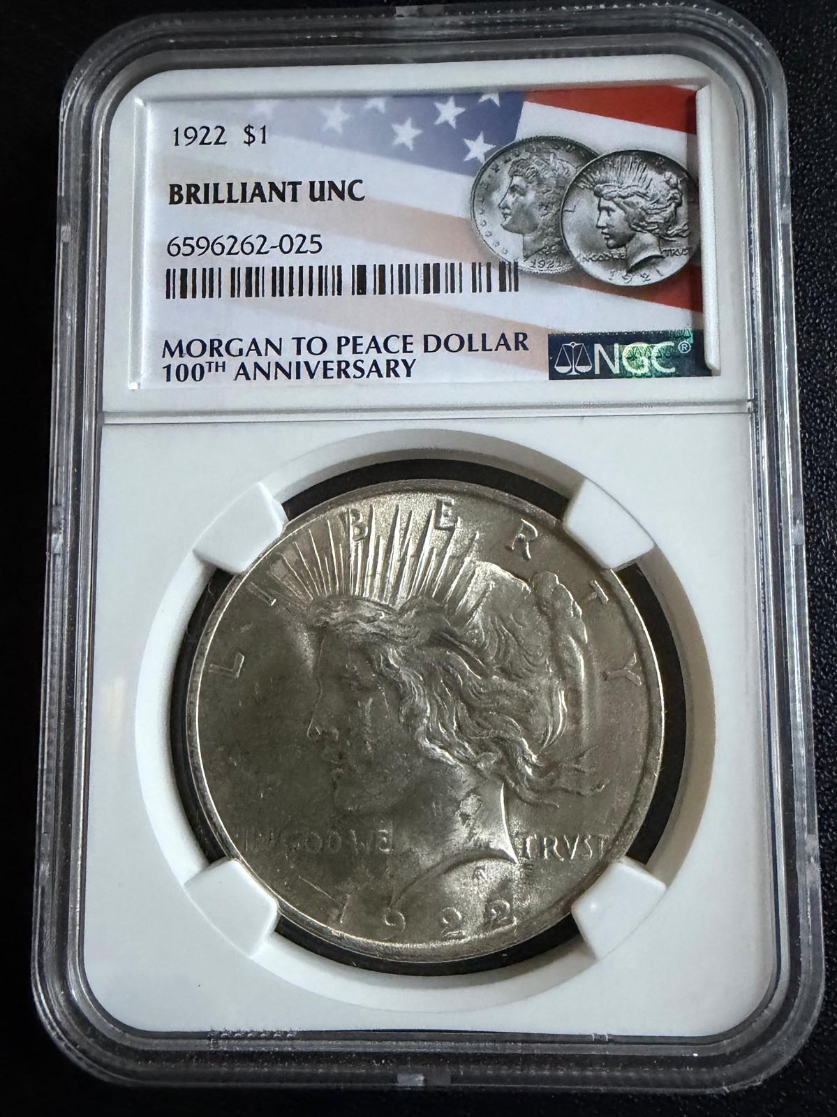 1922 Peace Silver Dollar $1 – NGC Brilliant Uncirculated BU – Morgan to Peace 100th Anniversary