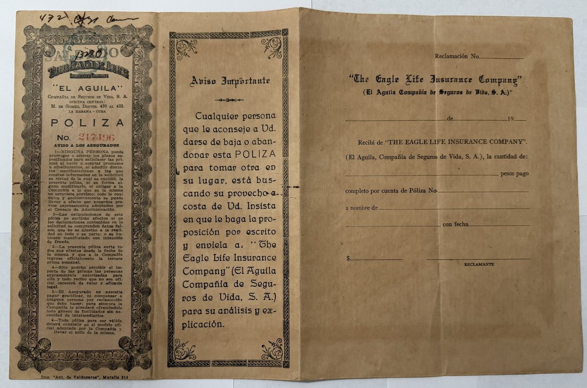 1944 Cuba The Eagle Life Insurance Co. “El Aguila” Policy – Havana Manzana de Gomez