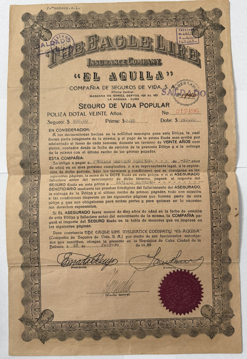 1944 Cuba The Eagle Life Insurance Co. “El Aguila” Policy – Havana Manzana de Gomez