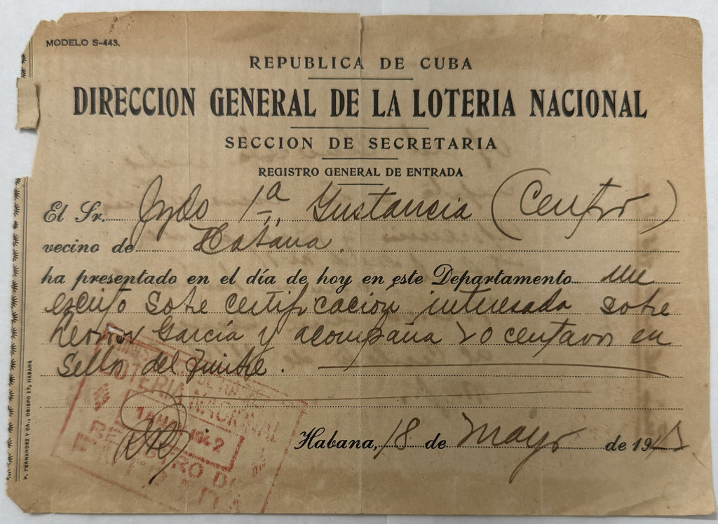 Vintage Cuba National Lottery Official Document – Leonor García – Havana