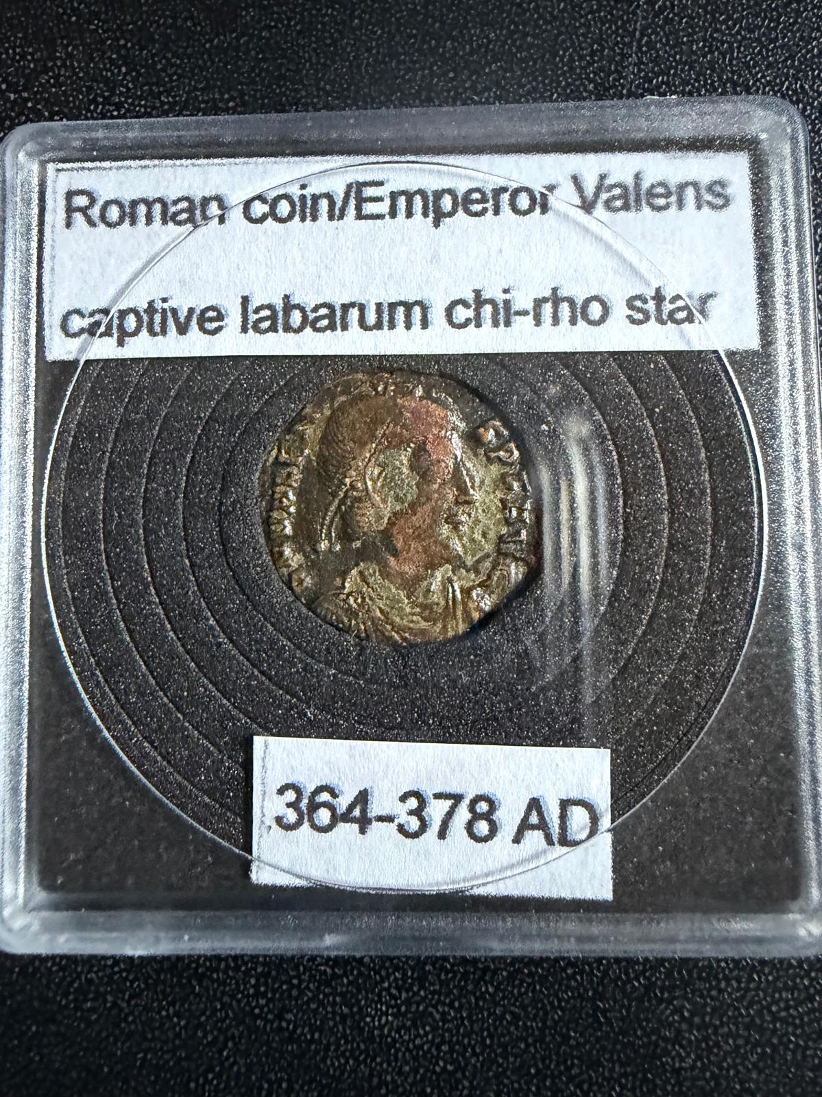 Ancient Roman Valens AE3 Bronze Coin 364–378 AD – Chi-Rho Labarum & Captive