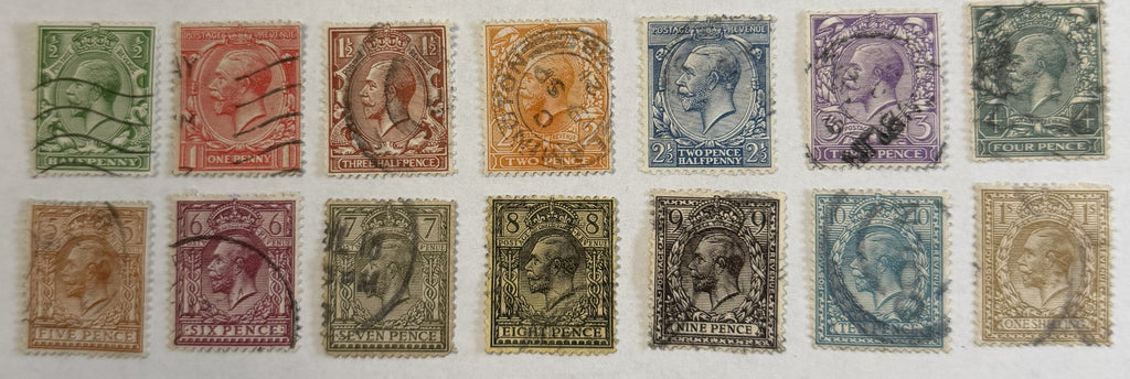 Great Britain 1912–24 King George V Royal Cypher – 14 Stamp Set ½d–1s – SG 351–396 – Used