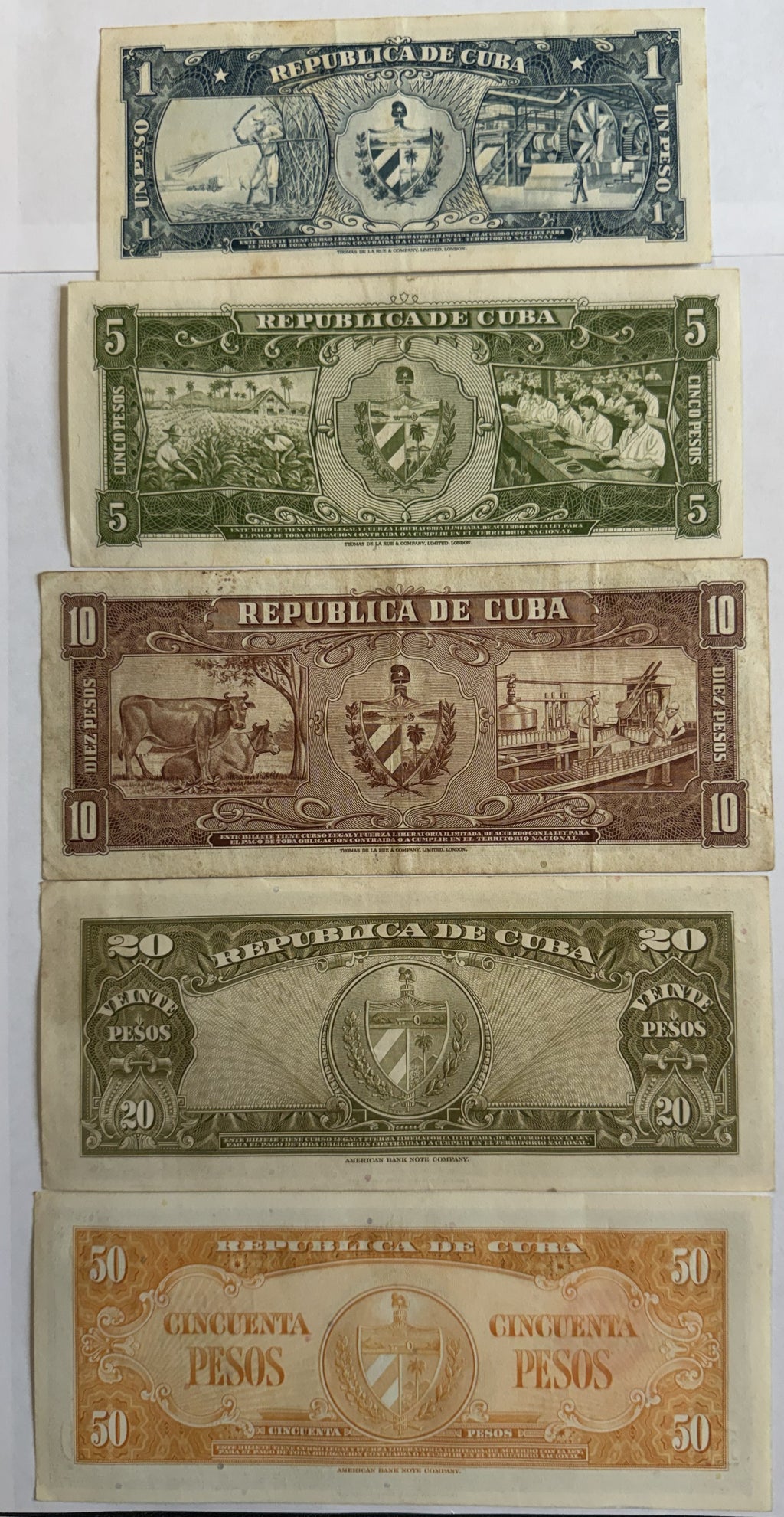 1958 Cuba Banco Nacional 5-Banknote Set – 1, 5, 10, 20 & 50 Pesos – Pre-Revolution