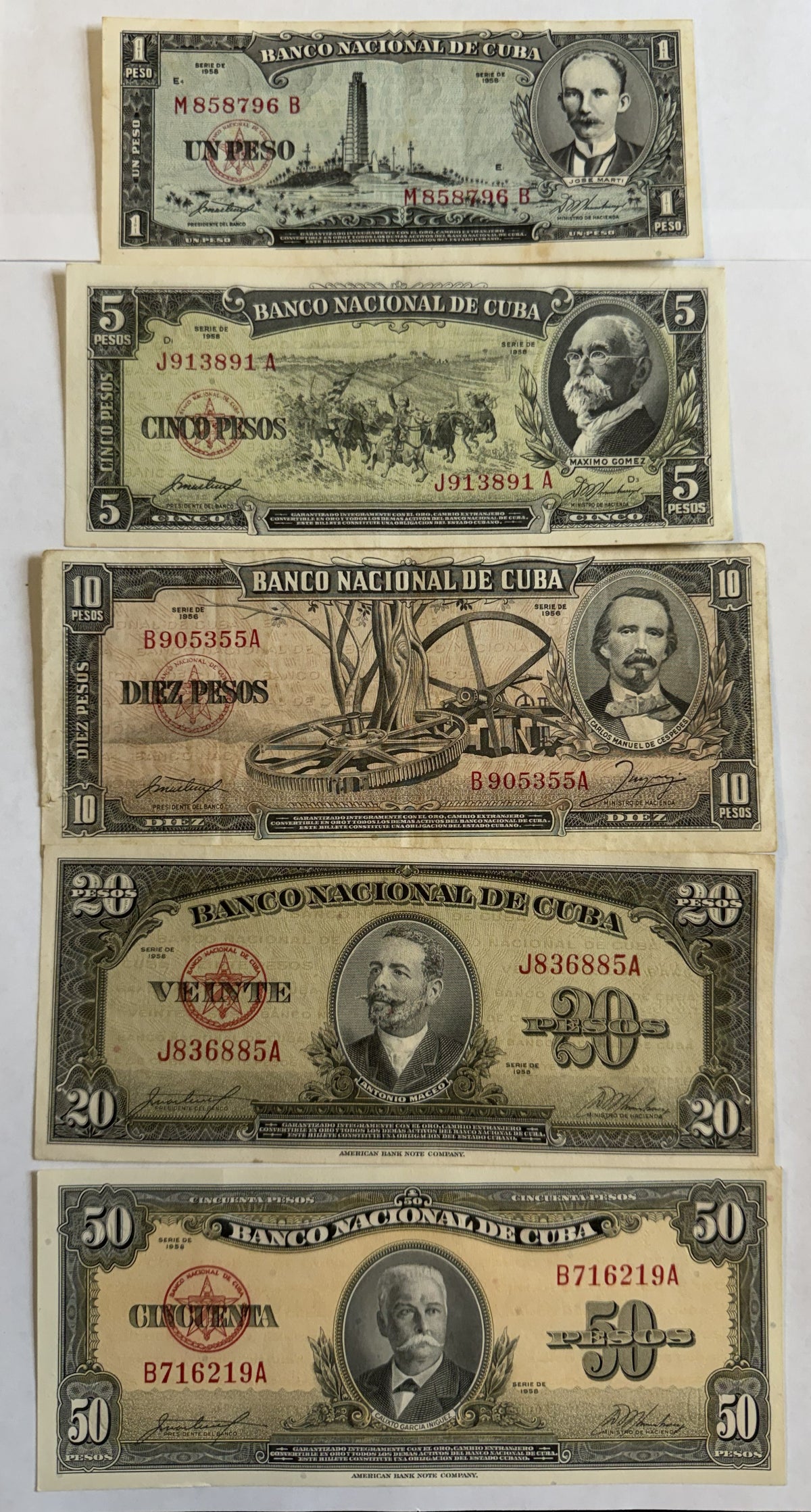 1958 Cuba Banco Nacional 5-Banknote Set – 1, 5, 10, 20 & 50 Pesos – Pre-Revolution