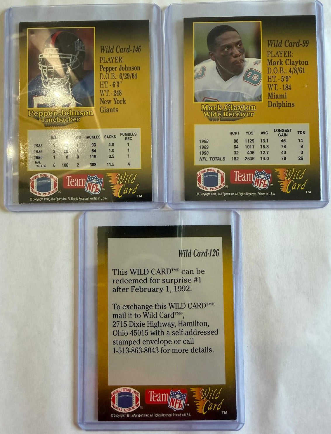 Lote de 20 cartas Wild Card Football de 1991 con rayas: Mark Clayton #99, Pepper Johnson #146 y Wild Card #126