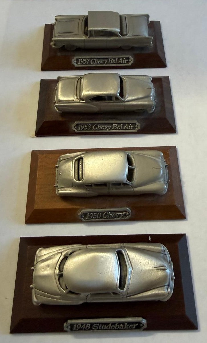 Vintage Pewter Classic American Car Models on Wood Bases – Set of 4, 1948–1957
