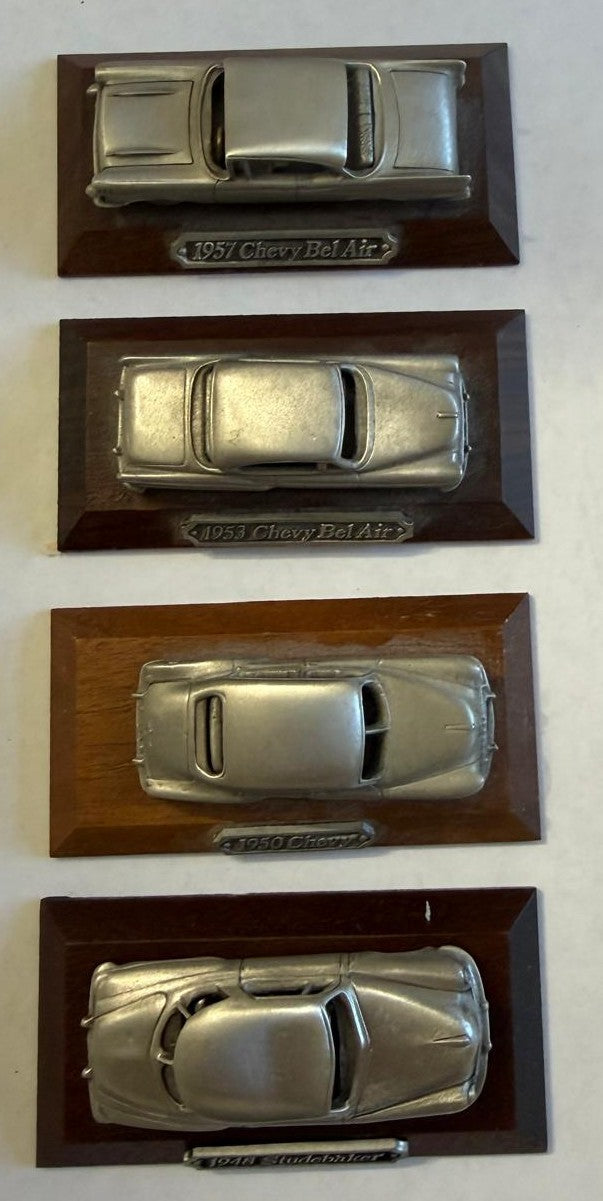Vintage Pewter Classic American Car Models on Wood Bases – Set of 4, 1948–1957