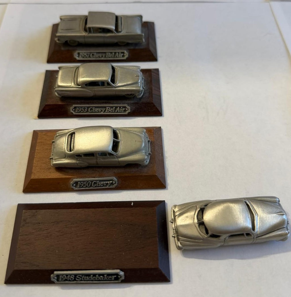 Vintage Pewter Classic American Car Models on Wood Bases – Set of 4, 1948–1957