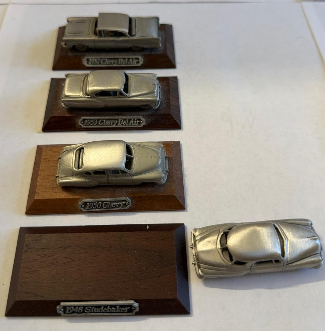 Vintage Pewter Classic American Car Models on Wood Bases – Set of 4, 1948–1957