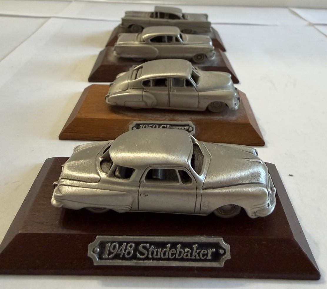 Vintage Pewter Classic American Car Models on Wood Bases – Set of 4, 1948–1957