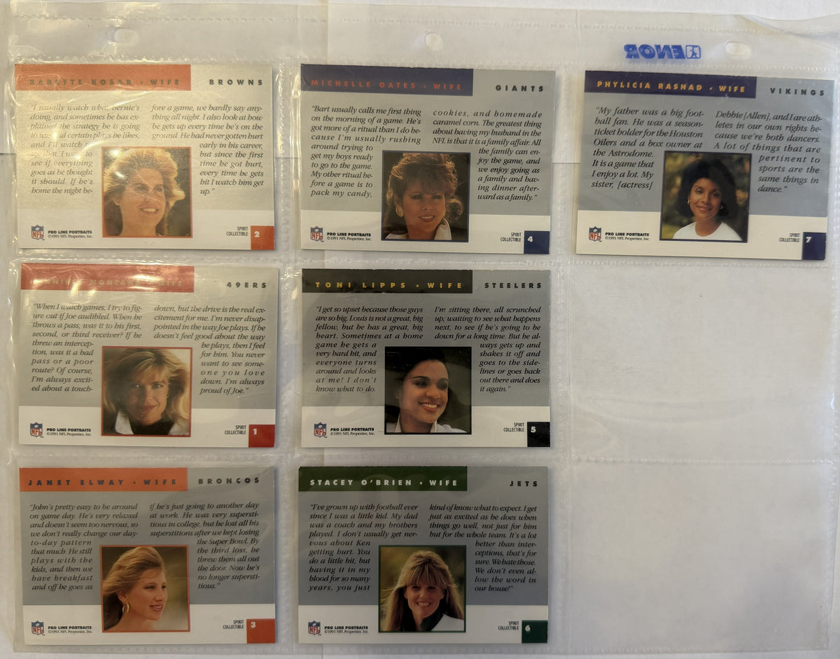 1991 Pro Line Portraits Spirit Wives Juego Completo NFL de 7 Tarjetas – Montana Elway Rashad