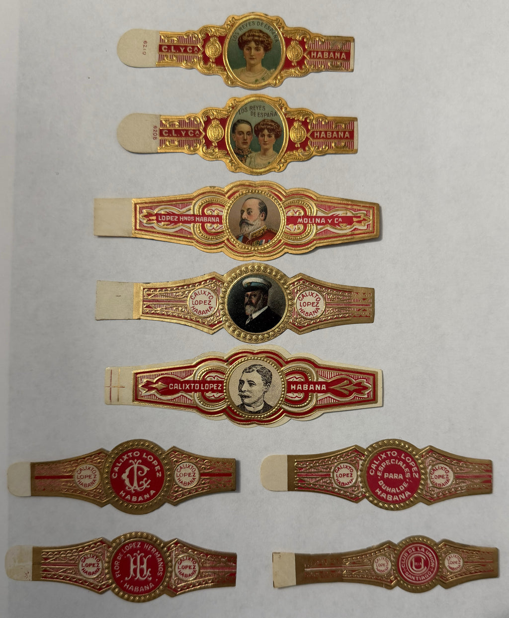 Antique Cuban Cigar Bands Set of 9 – Calixto Lopez Habana – Los Reyes de España – c.1906–1920s