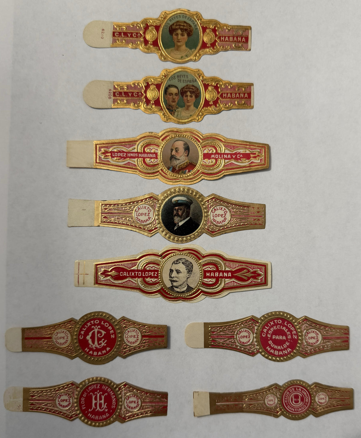 Antique Cuban Cigar Bands Set of 9 – Calixto Lopez Habana – Los Reyes de España – c.1906–1920s