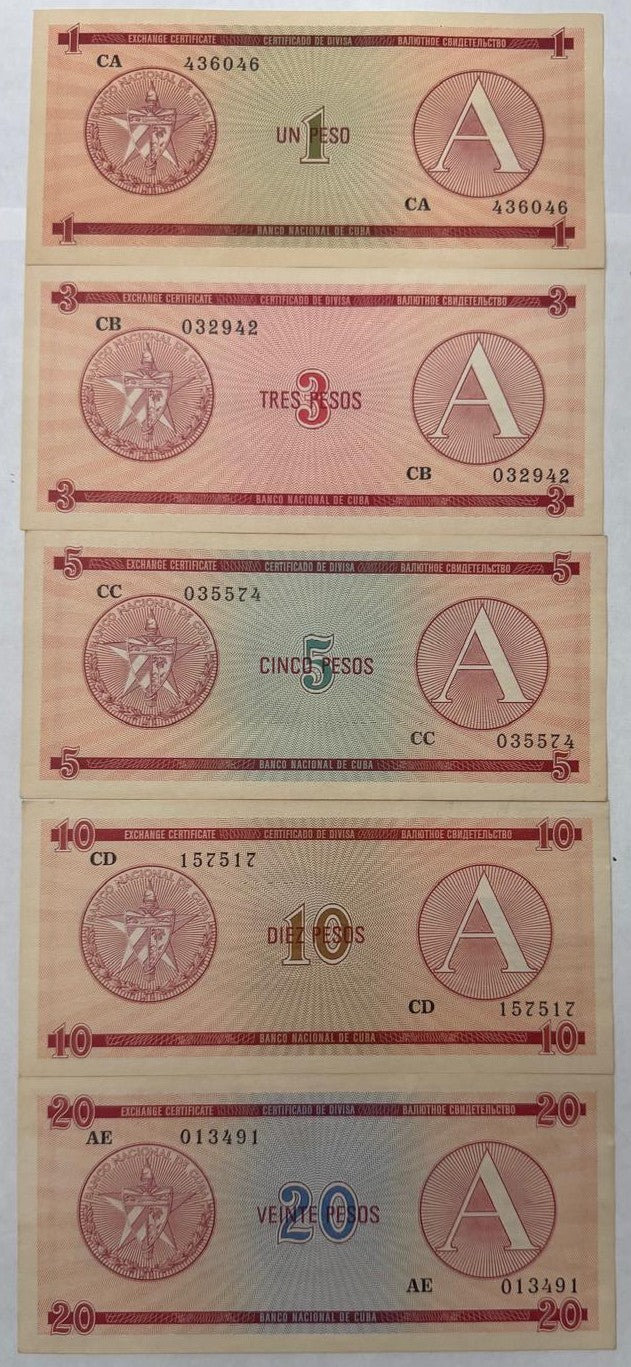 Juego completo de certificados de divisas de Cuba de 1985, serie A, FX1–FX5, sin circular (UNC)
