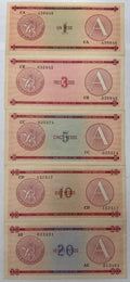 Juego completo de certificados de divisas de Cuba de 1985, serie A, FX1–FX5, sin circular (UNC)