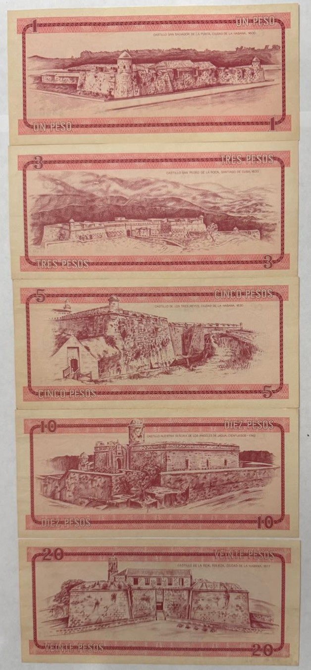 Juego completo de certificados de divisas de Cuba de 1985, serie A, FX1–FX5, sin circular (UNC)