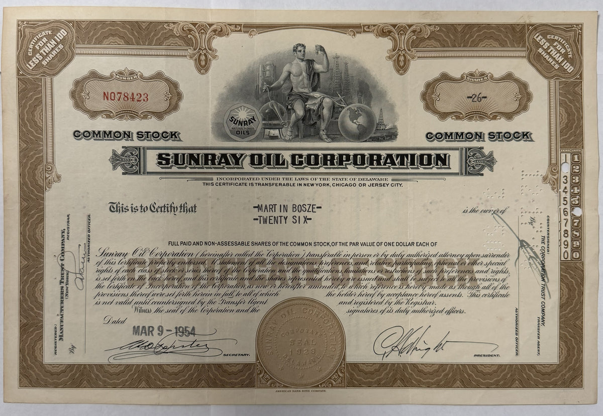 1954 Sunray Oil Corporation 26 Shares Stock Certificate – American Bank Note Co.