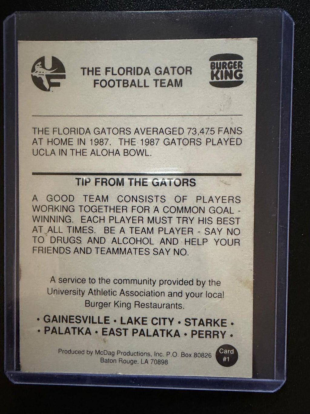 1988 Burger King Florida Gators Football Team #1 Vintage McDag Card
