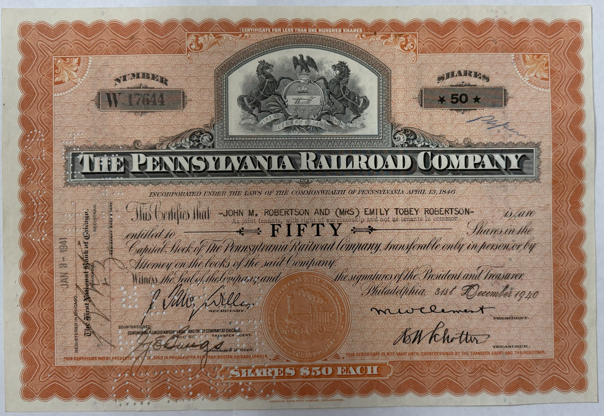 1940 Pennsylvania Railroad Company 50 Shares Stock Certificate – American Bank Note Co.
