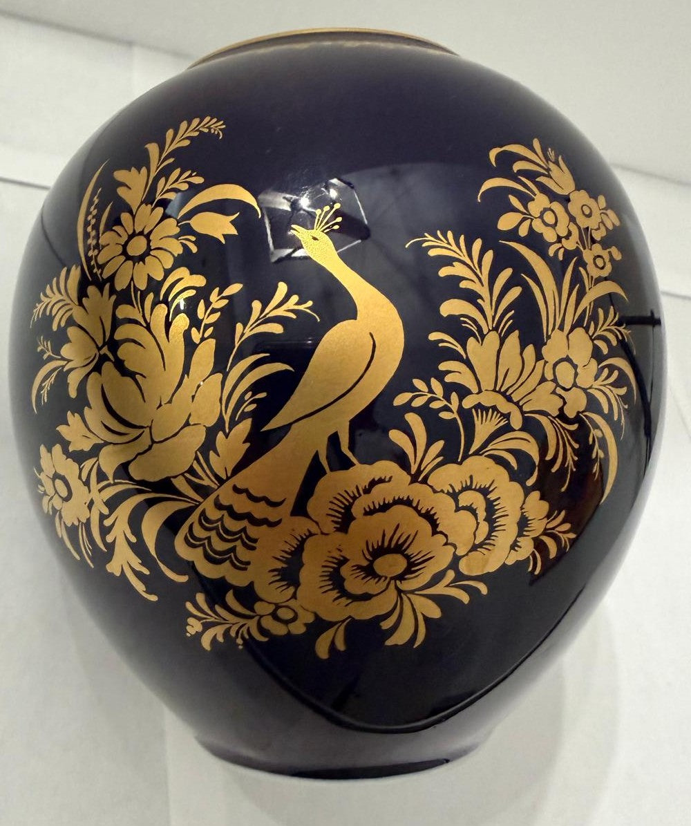 Vintage Heinrich Germany Echt Kobalt Cobalt Blue & Gold Peacock Porcelain Vase