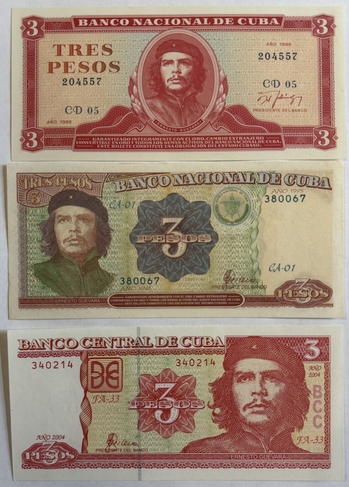 Cuba Che Guevara 3 Pesos Banknote Set – 1988, 1995 & 2004 – 3 Designs