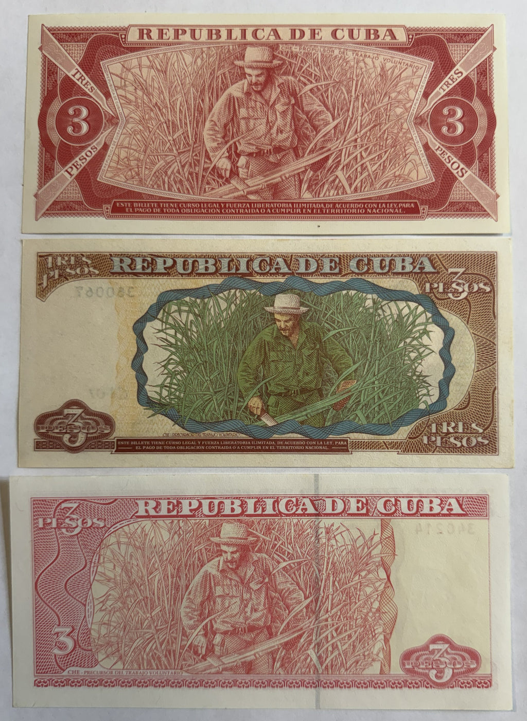 Cuba Che Guevara 3 Pesos Banknote Set – 1988, 1995 & 2004 – 3 Designs