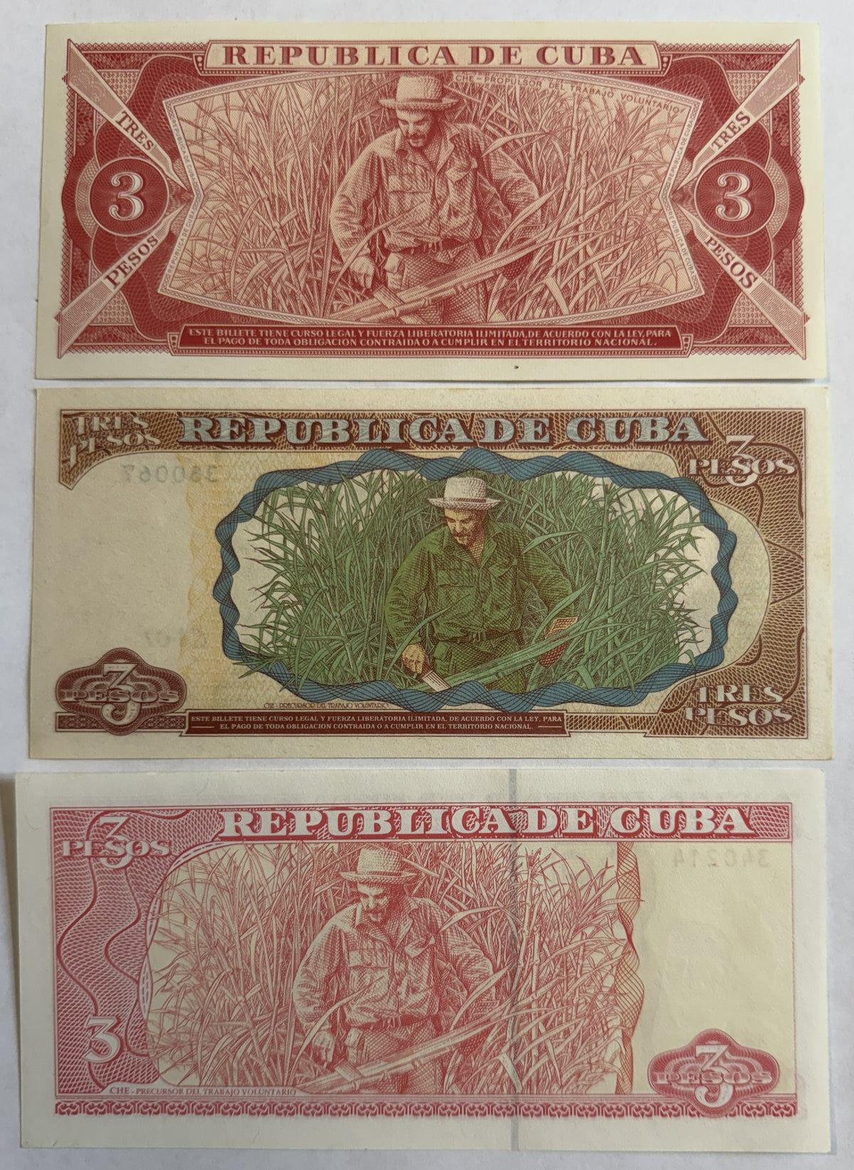 Cuba Che Guevara 3 Pesos Banknote Set – 1988, 1995 & 2004 – 3 Designs